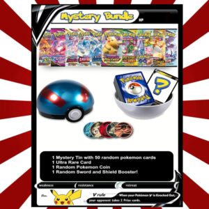 Pokemon TCG - Party Bundle (50 Assorted Cards in a Tin, 1 Ultra Rare Card, 1 Factory Sealed Booster Pack, 1 Coin)