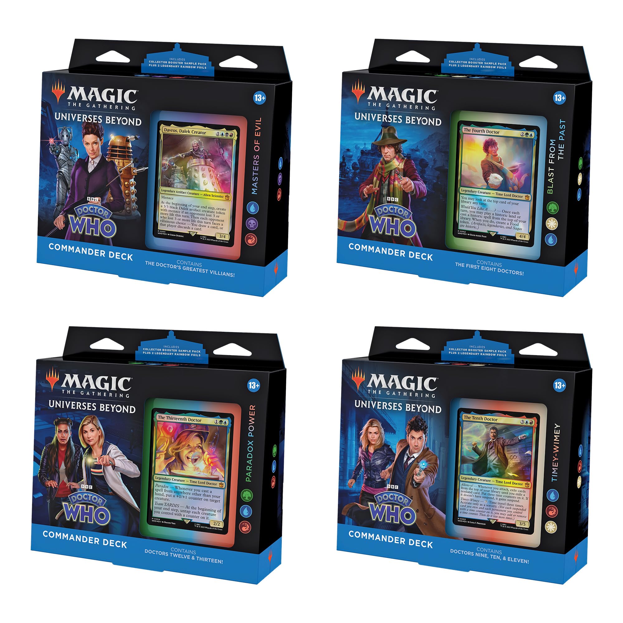 Magic: The Gathering Doctor Who Commander Deck Bundle – Includes All 4 Decks (1 Masters of Evil, 1 Blast from The Past, 1 Timey-Wimey, and 1 Paradox Power Deck Set)