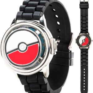 Pokémon Spinner Top Analog Watch for Kids – Features Iconic Poké Ball Spinner, Silver Metal Case, Comfortable Silicone Strap, and Pikachu Dial Art, Perfect for Pokémon Fans and Collectors