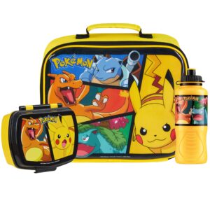 Pokemon Insulated Lunch Bag with Lunch Box Water Bottle Set for Kids 3 Piece School Snack Bag Pikachu Gifts for Kids (Yellow)