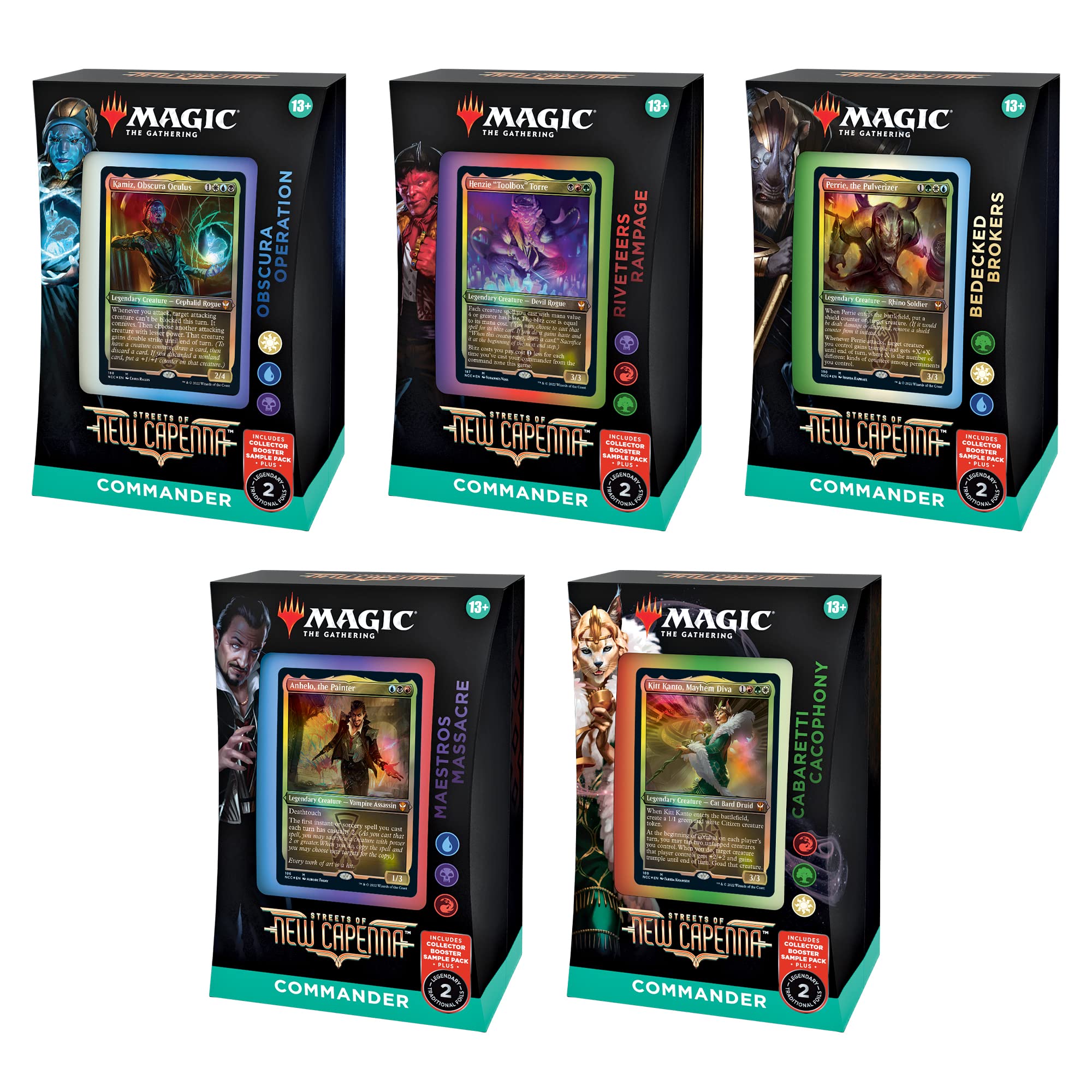Magic: The Gathering Streets of New Capenna 5 Commander Deck Bundle – Includes 1 Obscura Operation, 1 Maestros Massacre, 1 Riveteers Rampage, 1 Cabaretti Cacophony, 1 Bedecked Brokers