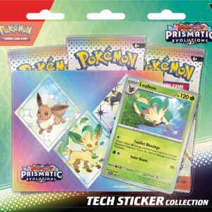 Pokemon TCG: Scarlet & Violet—Prismatic Evolutions Tech Sticker Collection – Leafeon (1 Foil Promo Card & 3 Booster Packs)